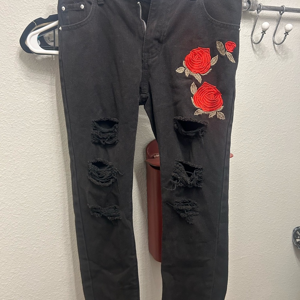 Black Distressed Jeans with Red Rose Embroidery